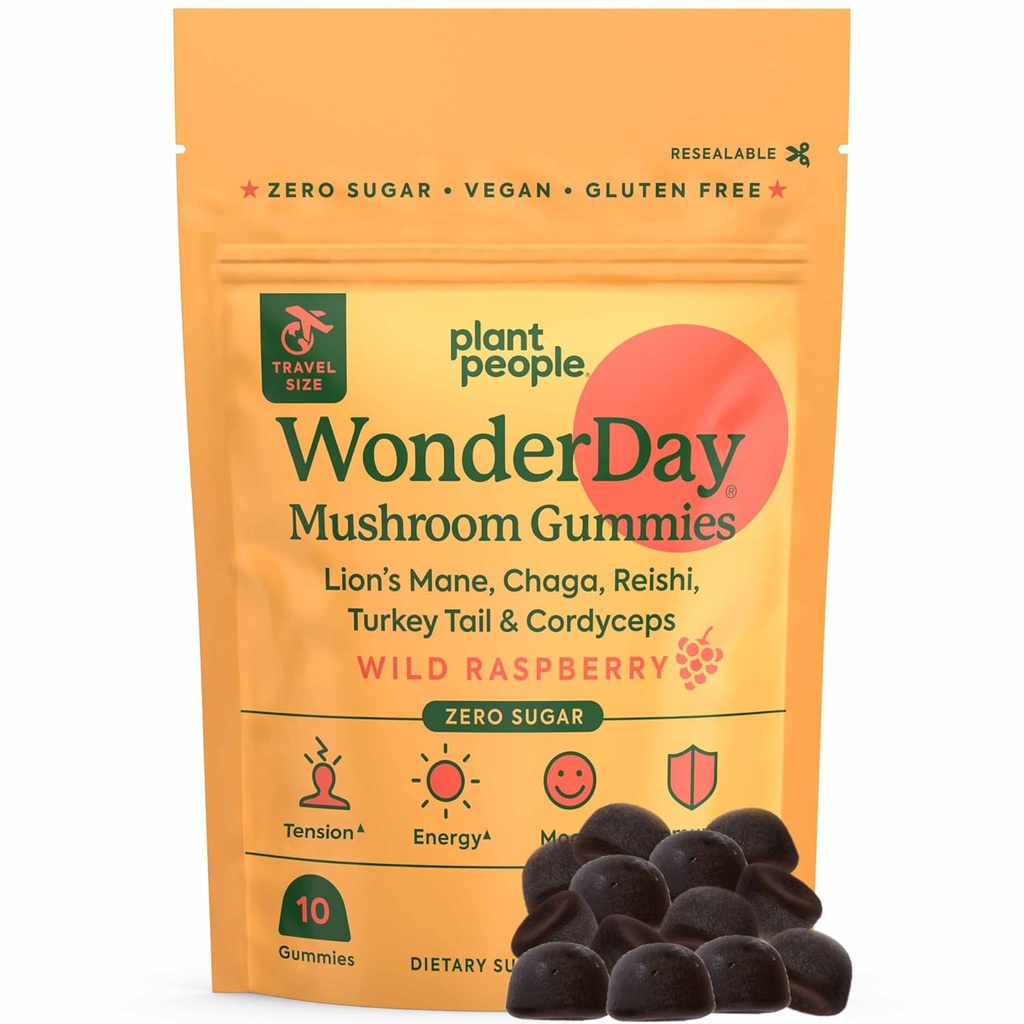 Plant People - WonderDay Mushroom Gummies Mini | 전체 바디 밸런스, 무드, 디스트레스, 에너지, 면역 및 구트 건강에 대한 일일 거미 멀티 지원 | 자연, 비 GMO | 체험 크기
