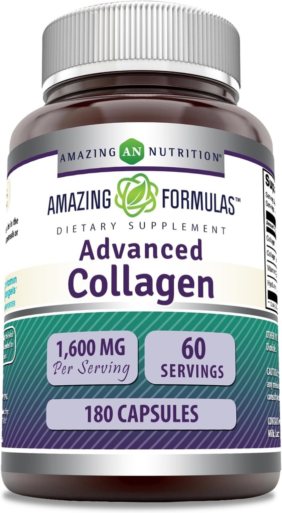Amazing Formulas Advanced Collagen Supplement | 교원질 타입 I, II & III, 비타민 C & Hyaluronic Acid | 1600 Mg Per 서빙 | 180 캡슐 | Non-GMO | 글루텐 프리 | 미국
