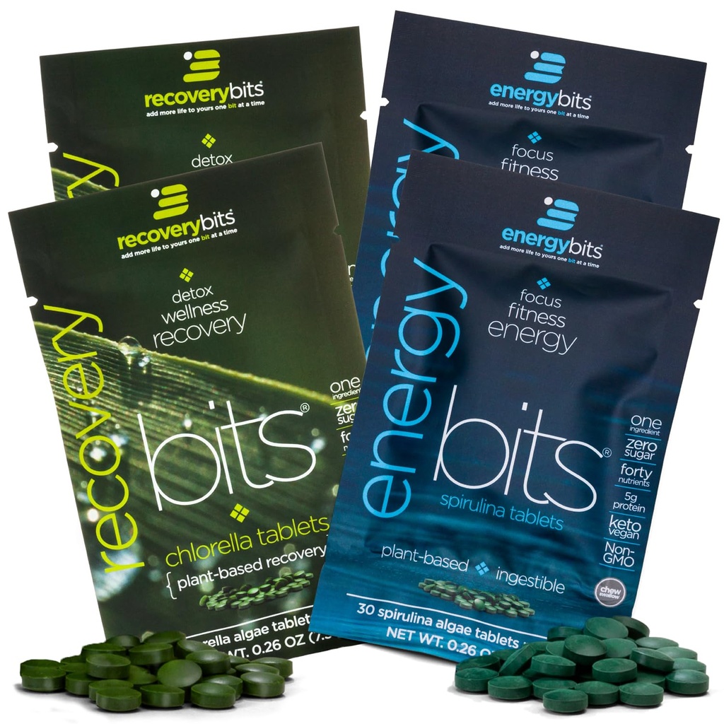 ENERGYbits/RECOVERYbits - 유기 Spirulina & Chlorella 정제 - 단일 서빙 샘플 팩 - 조류 Superfood - 높은 단백질, Chlorophyll - 자기 관리 - Vegan, Keto, Gluten 무료 - 4 가방, 30/Bag