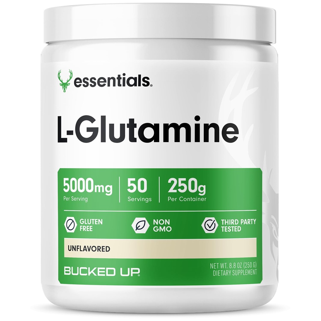L 글루타민 (5000mg), Essentials (50 서빙, 250 그램)를 끄십시오