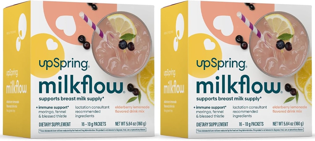 UPSpring Milkflow Immune Support Breastfeeding Supplement Drink Mix Fenugreek-Free, Moringa | Elderberry Lemonade 풍미 | 모유 수유를 지원하는 모유 수유 | 2 팩