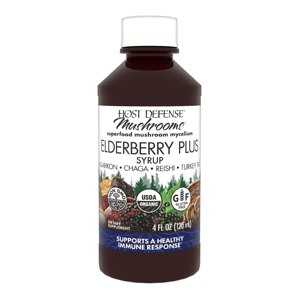 Host Defense Elderberry Plus Syrup - Immune, Respiratory & Lung Support Supplement * - 터키 꼬리, Reishi, Agarikon & Chaga * - 4 fl oz (12 인분)와 액체 버섯 보충