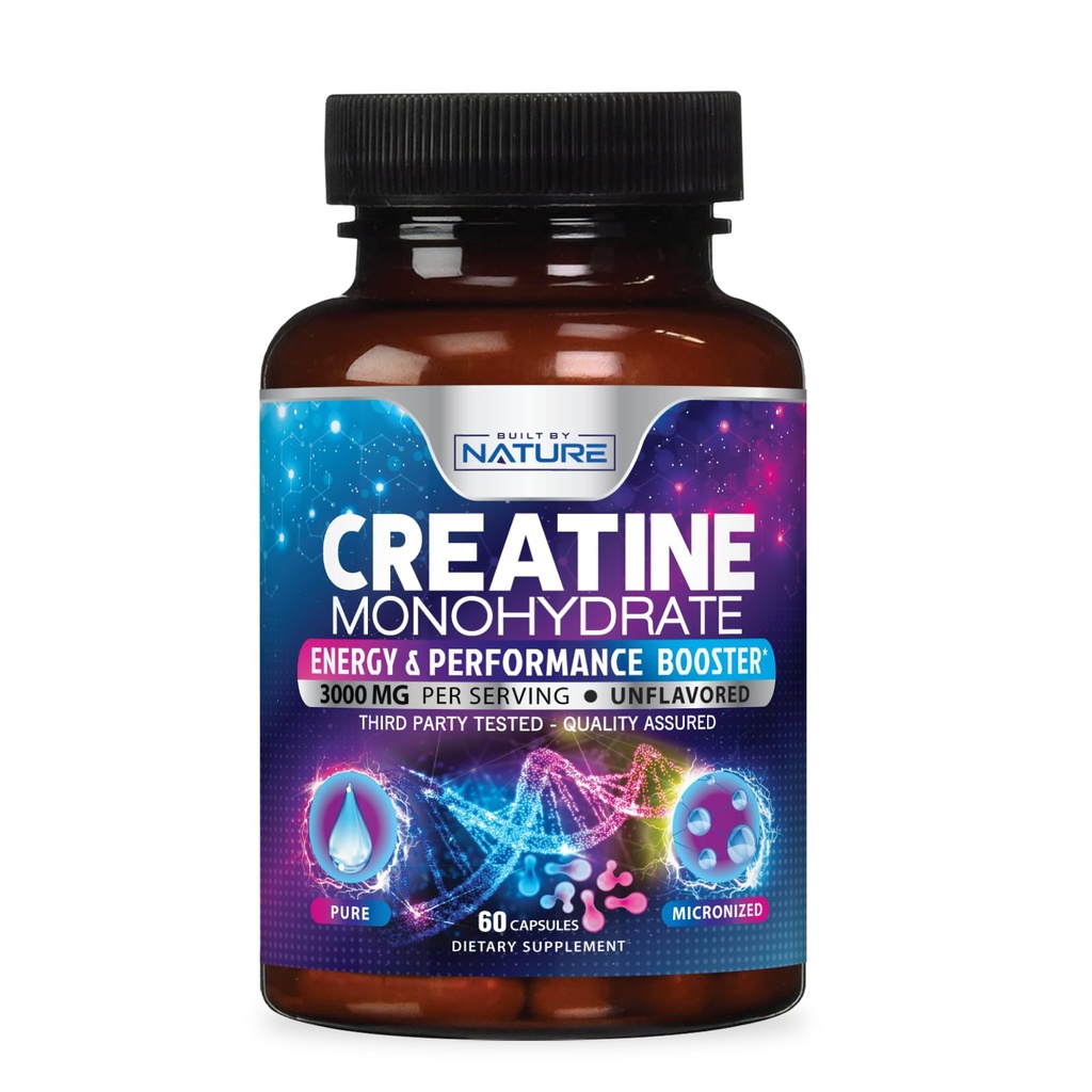 자연 Creatine Monohydrate 알약에 의해 건축하는 - 남자 & 여자를 위한 Micronized Creatine 보충교재 - 근육 힘, 에너지, 내구시간 및 회복 - 글루텐 자유로운, Vegan, 비 GMO - 60의 캡슐