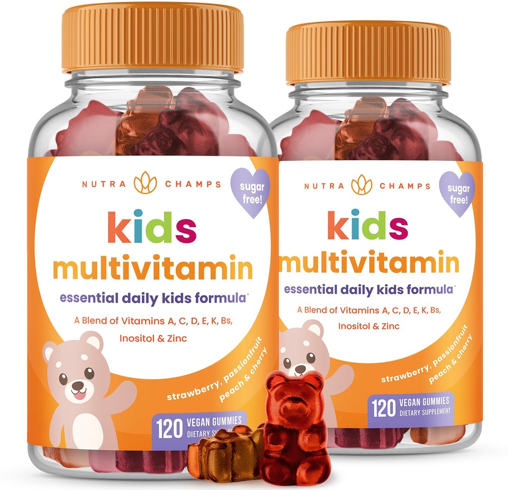 NutraChamps 120 아이 (팩 2), 설탕 무료 키즈 비타민 Gummy Multivitamin, Vegan & Non-GMO, Strawberry, Passionfruit, Peach & Cherry