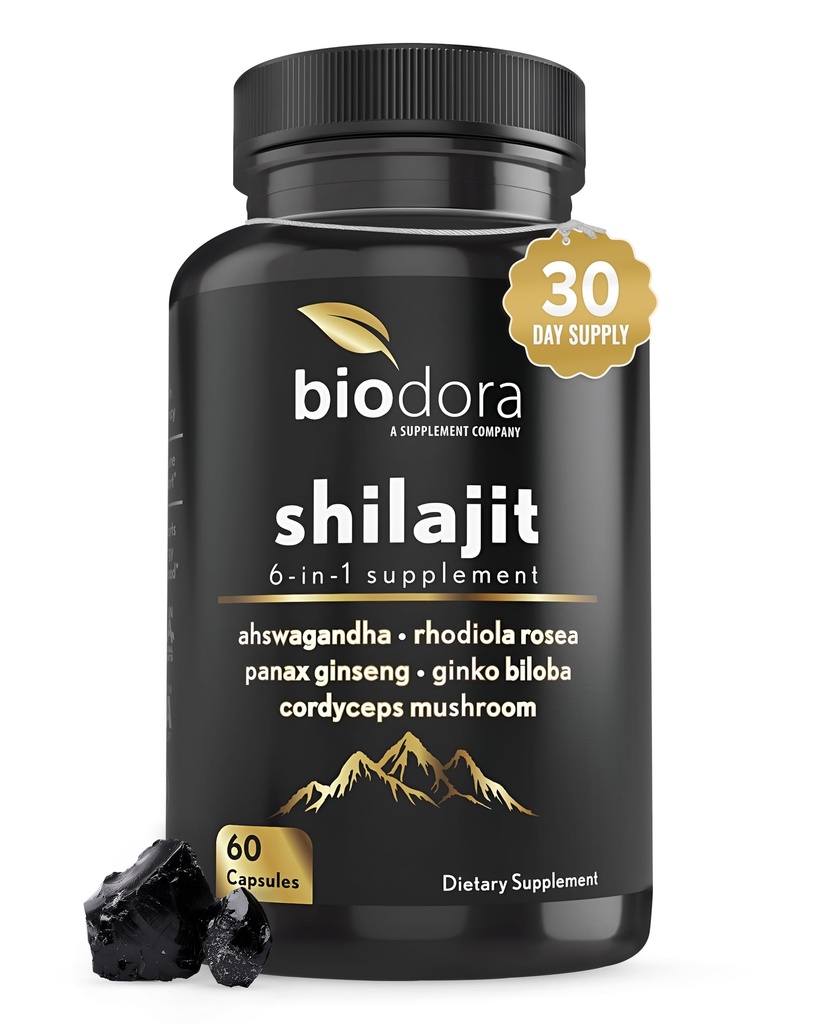6-in-1 Shilajit 보충교재 300mg, 계류 및 에너지 지원은 60mg 순수한 Ashwagandha, Immune 지원, 기억 및 초점, 85+ 추적 무기물, 60의 캡슐을 위한 Rhodiola Rosea Panax Ginseng를 보충합니다