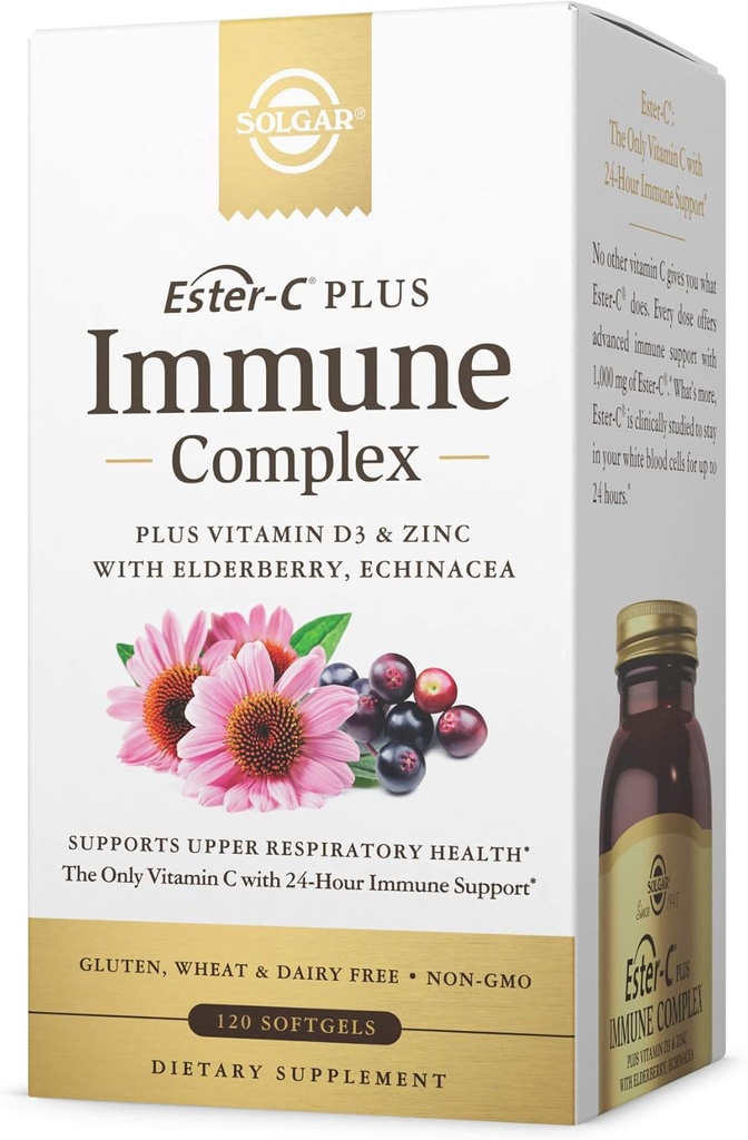 Solgar Ester-C Plus Immune Complex -120 Softgels, 24Hour Immune 지원, 지원 상류 건강 - 플러스 D3, 아연, Elderberry & Echinacea - Non-GMO, 글루텐 무료, 낙농장 무료 - 60 서빙,