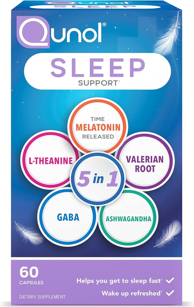 Qunol 수면 지원, 수면 보조, 시간 방출 멜라토닌 5mg, Ashwagandha, GABA, Valerian Root, L-Theanine, 60ct 캡슐을 가진 보충을 형성하는 1 논하 비트에서 5