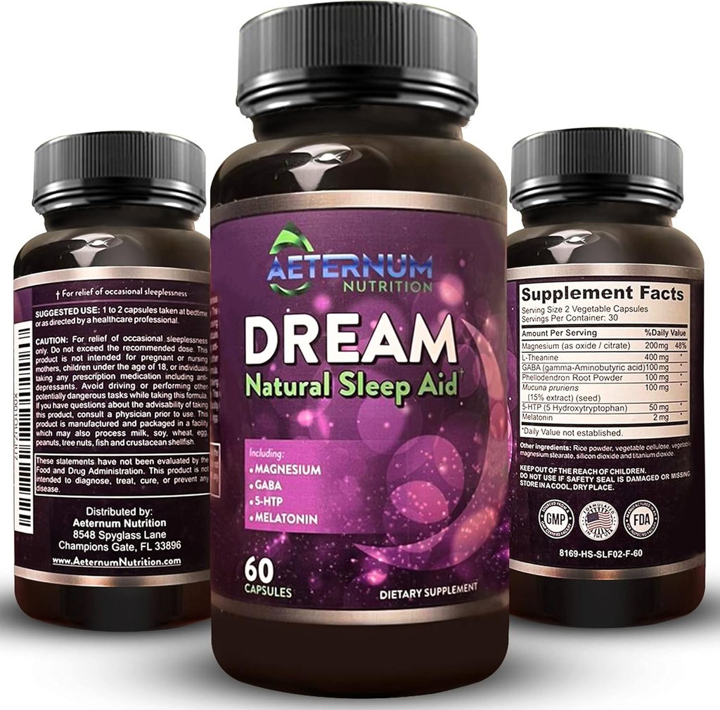성인을위한 꿈 자연 수면 보충 - 휴식 수면, 깨어난 휴식 - 설탕, Carbs - Melatonin, 마그네슘, 5HTP, L-Theanine, GABA- Non-GMO 60 수면 알약 무료