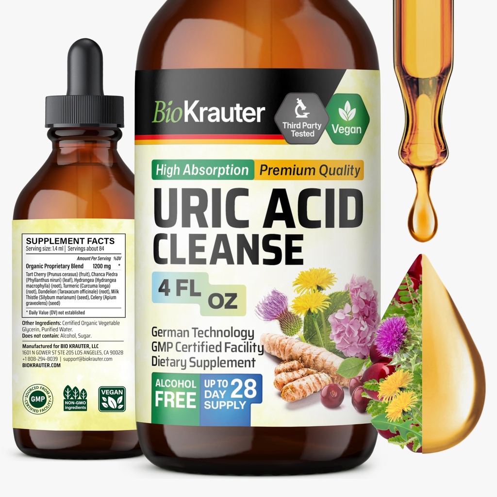 BIO KRAUTER Uric Acid Support Tincture - 천연 Kidney Supplement w / Tart Cherry, 우유 이틀, 심황 초본 액체 추출물 - Vegan Drops 4 Fl.Oz.