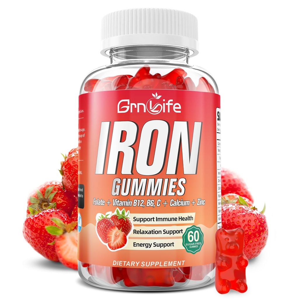 여자, 남자 & 아이를 위한 철 Gummies, 칼슘, 아연, Folate & 비타민 B12, C, B6를 가진 설탕 자유로운 철 보충교재 - 혈액 건물 & 에너지 지원, 빈혈, 딸기, 60 조사를 위해