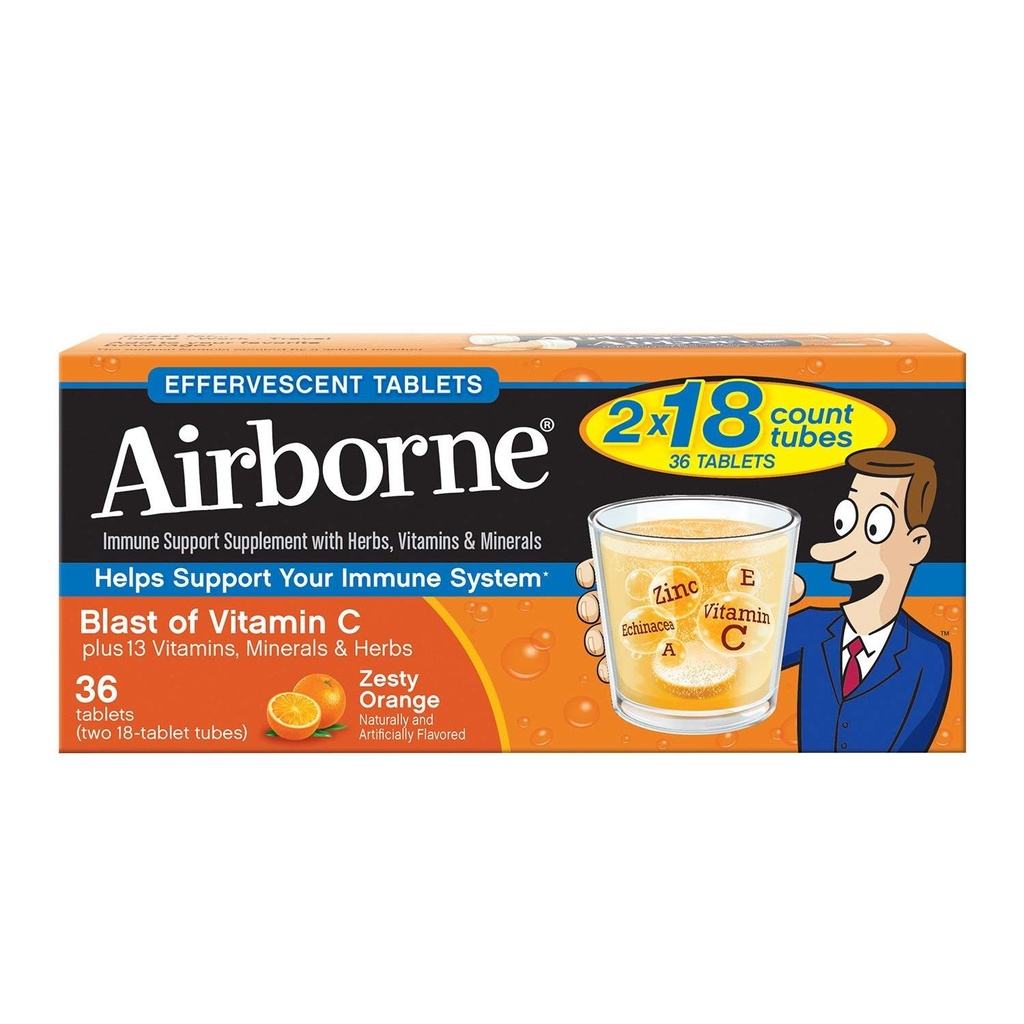비타민 C 1000mg (포장 당) - Airborne Zesty Orange Effervescent 정제 (상자에 36 개), 글루텐 자유로운 면역 지원 보충교재 및 산화 방지제에서 높은