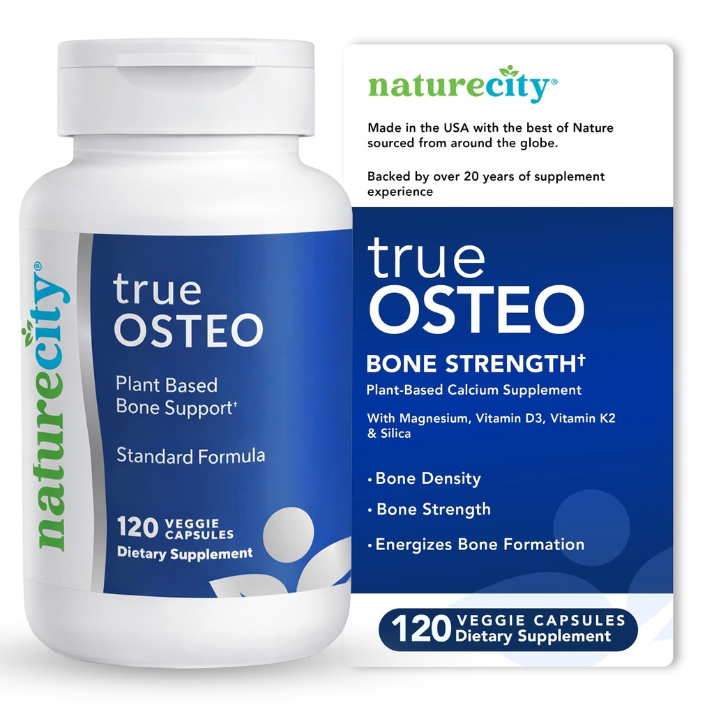 NatureCity True-Osteo Plant-Based Supplement for Bone Strength | 조류칼슘 및 마그네슘, 플랜트 기반 비타민 D3, 비타민 K2, 실리콘| Stomach (120 Veggie Capsules)의 Gentle