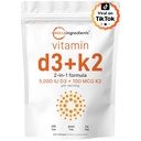 마이크로 성분 비타민 D3 5,000 IU + K2 MK-7 100 mcg, 300 Softgels | 2-in-1 Vitamin D & K Complex | 여분의 강도, 삼키기, 비 GMO, 글루텐 무료