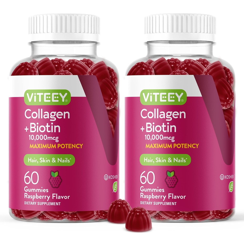Viteey Collagen Gummies with Biotin Gummies for Hair Skin and Nails Vitamins - Biotin and Collagen Supplements for Women & Men - Vegan, 글루텐 - 무료 120 개