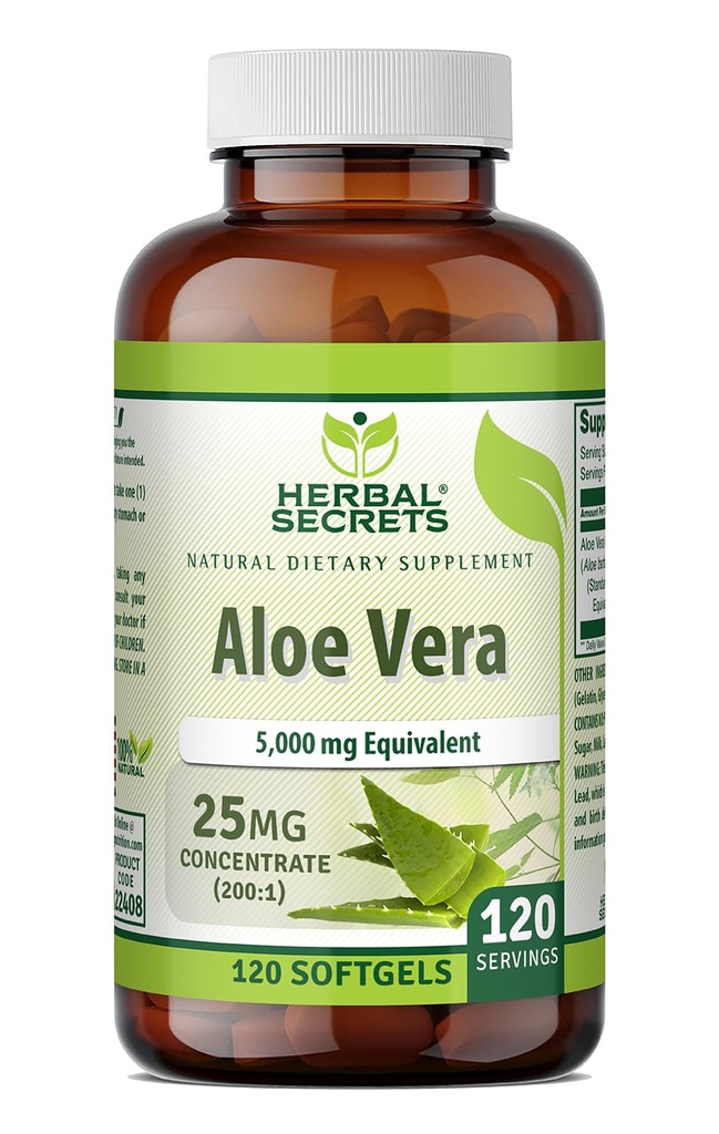 허브 비밀 알로에 Vera 25 Mg 농축 200 : 1 | 5000 Mg 동등 | 120 Softgel | Non-GMO | 글루텐 프리 | 미국