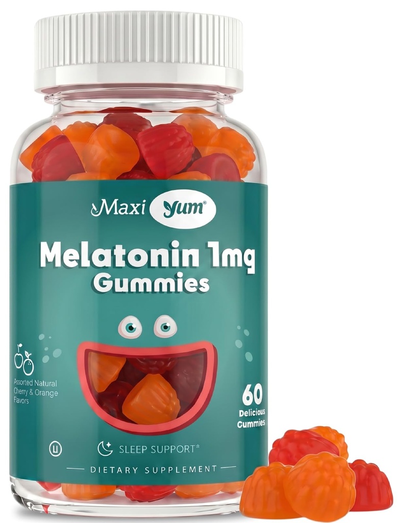 Maxi Health 1mg Melatonin Gummies - 자연 체리 및 오렌지 맛이있는 어린이 Melatonin Chewable - 성인 및 아기 수면 도움은 휴식 밤 (60 개)을 지원하기 위해 보충합니다.