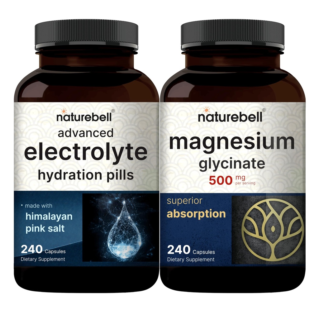 NatureBell 마그네슘 글리세린 캡슐 500mg & 고급 일렉트로테 하이드로션 알약 번들 팩 | 킬레이트 및 정제 미네랄 | 빠른 히팅 케토 일렉트로테