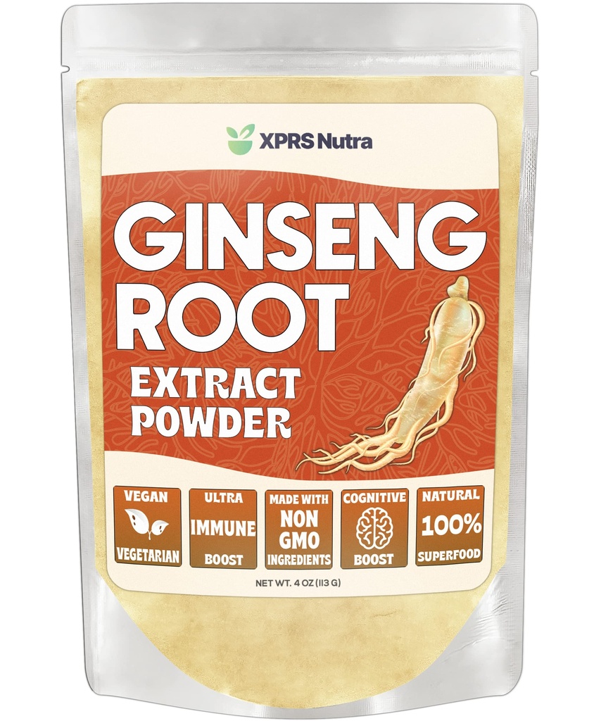 XPRS Nutra Ginseng 뿌리 추출물 분말 - 인삼 분말은 Cognitive 기능, 육체적인 성과 및 면역 체계를 지원합니다 - 분말 모양 (4 Ounce)에 있는 Vegan 친절한 Panax 인삼