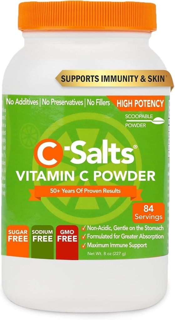 C-Salts 비타민 C 분말 보충교재 - 100% Immune 지원을 위한 순수한 높은 복용량 버퍼레이트 비타민 C 분말 - 유기, 설탕 자유로운, Vegan, 비 GMO, Stomach-Friendly, 본래 8개 oz