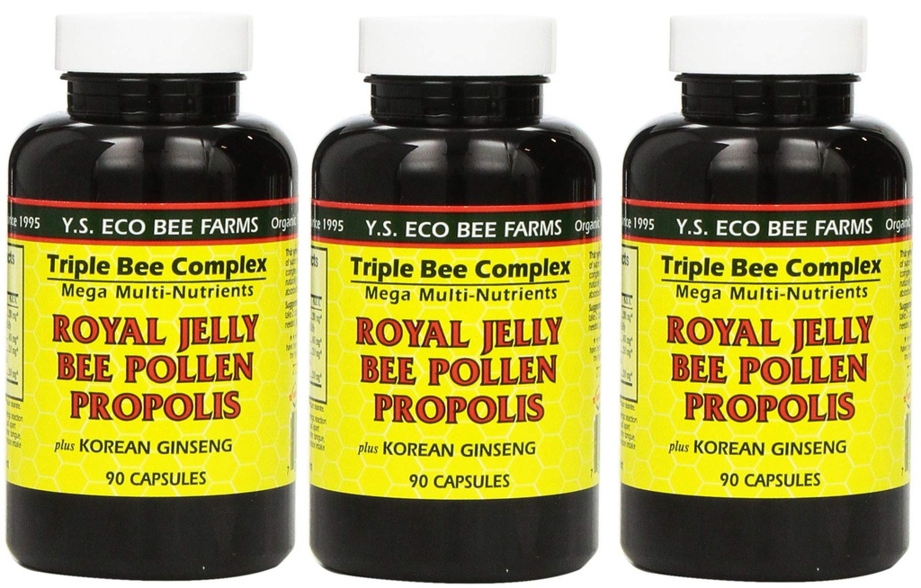 Y.S. Eco Bee Farms, (3 팩) Royal Jelly, Bee Pollen, Propolis, Plus Korean Ginseng, 90 캡슐