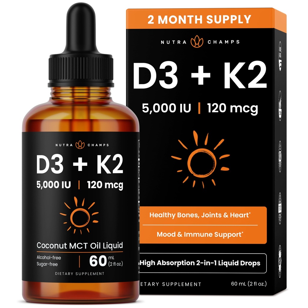NutraChamps Vitamin D3 K2 Drops, 액체 비타민 D3 5000 IU & K2 D3 with MK7, 비타민 D Drops for Kids, Bones, Heart & Immune Health, 더 나은 흡수를위한 MCT 오일 액체 비타민 D