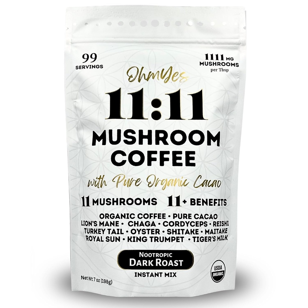 Ohmyes 11 Mushroom Coffee with Cacao – 11 USA Focus, Clarity & Energy – Lion’s Mane, Reishi, Chaga + Nootropic Organic Superfood by OhmYes (7oz) - 99 서빙