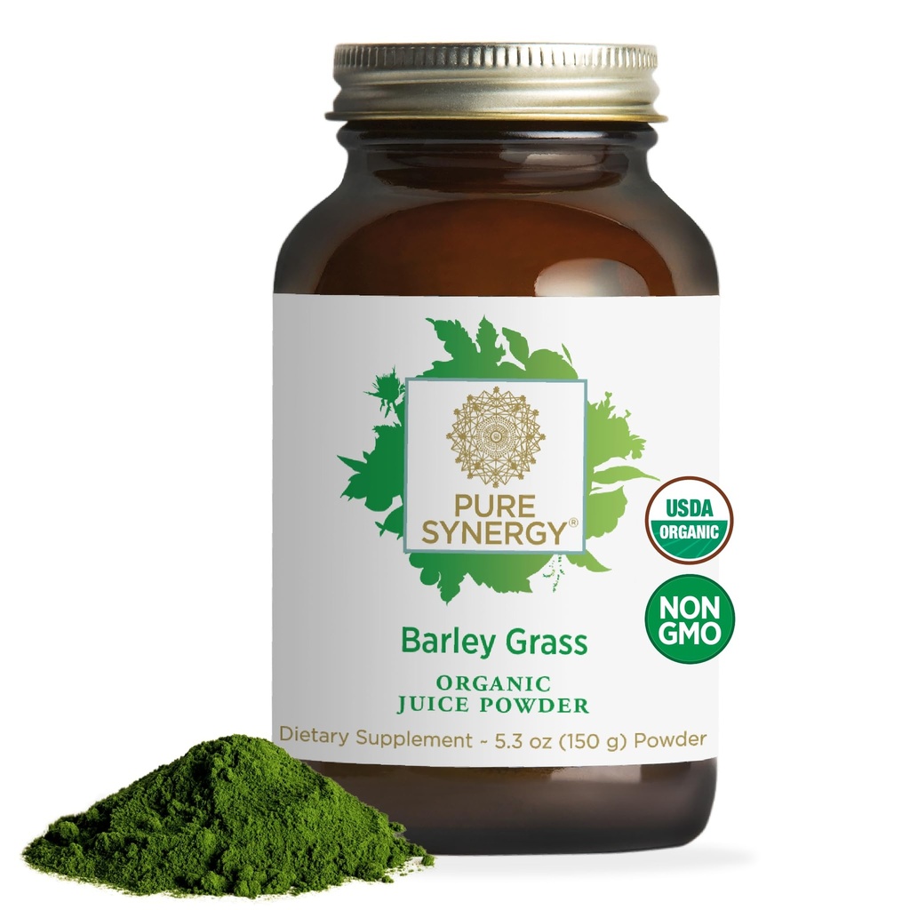 PURE SYNERGY 유기 보리 잔디 주스 분말 | Chlorophyll-Rich 녹색 분말 | 유기 냉압 보리 잔디 주스 | 에너지, Detox 및 소화 지원 (5.3 oz.)