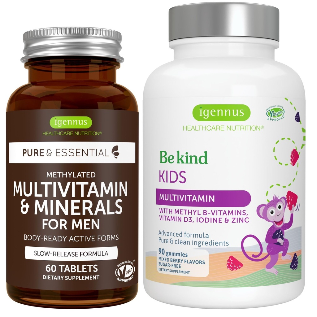 남성을 위한 Multivitamin & 무기물 + 진보된 아이 Multivitamin 거미 Vegan 뭉치, 메틸을 꿴 B 비타민 A, C, D3 & E의 청결한 상표, Igennus에 의하여 60의 정제 + 90 Berry 풍미 Gummies,