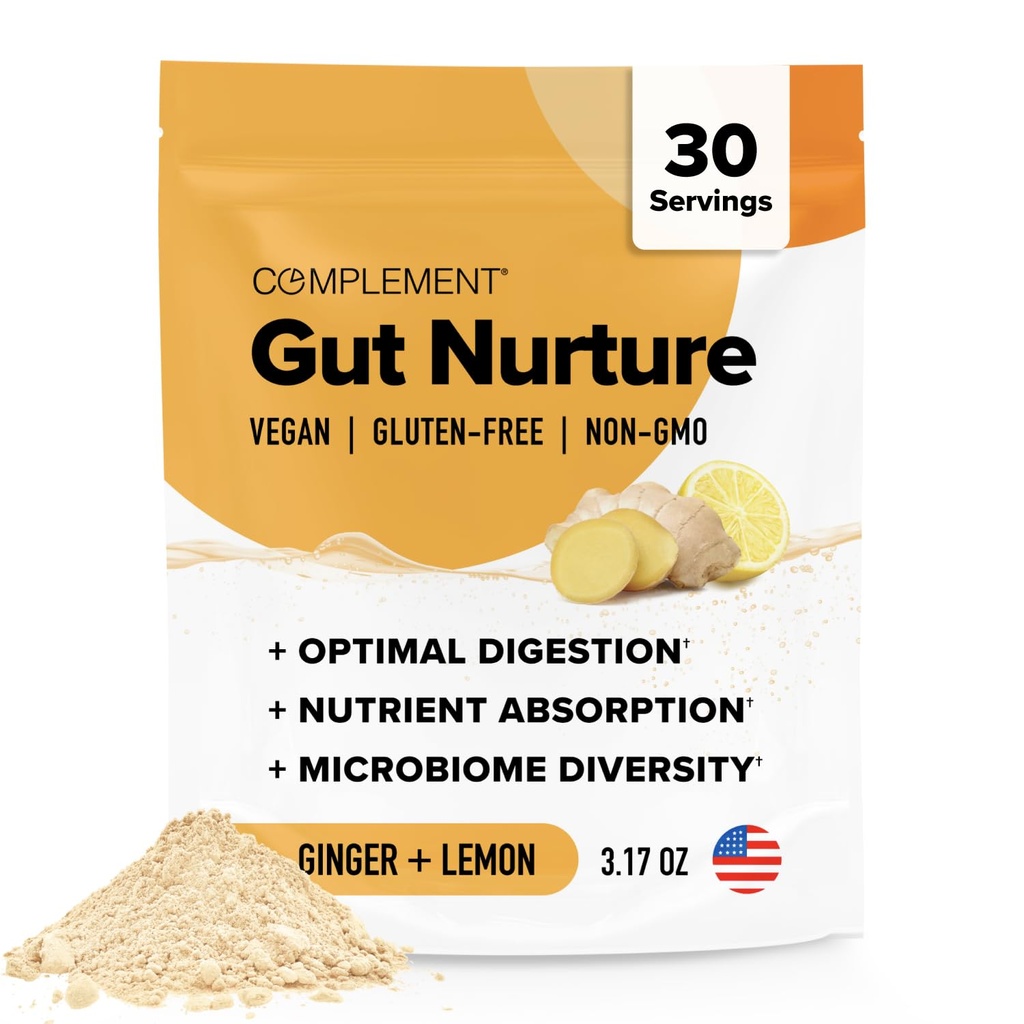 Complement Gut Nurture Prebiotic + Postbiotic Superfood Powder for Leaky Gut Repair, 소화 건강을위한 Probiotics - 생강 뿌리 - 30 서빙