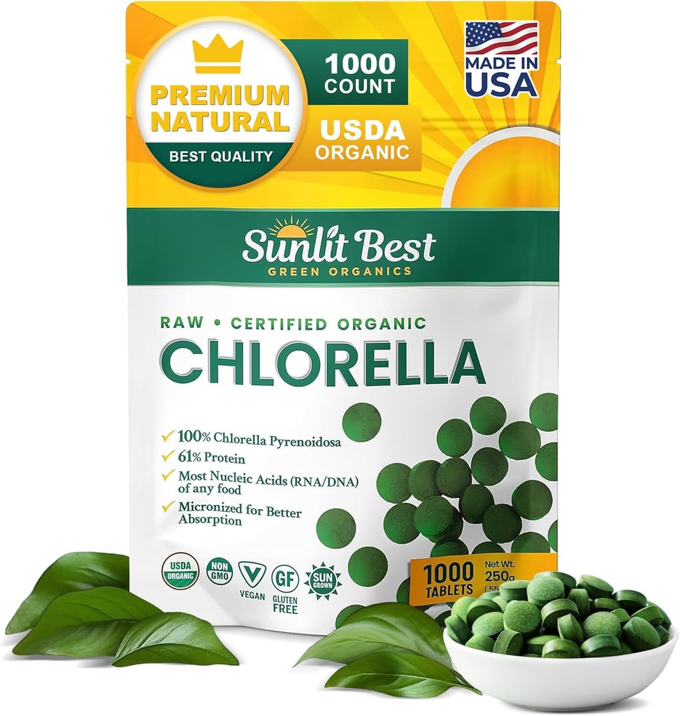 Sunlit Best USDA Organic Premium Chlorella Tablets 1000 Count | 단백질, Chlorophyll, 비타민, 미네랄이 100% 순수 염소 슈퍼 푸드 보충 교재 | 지원 건강, 웰빙