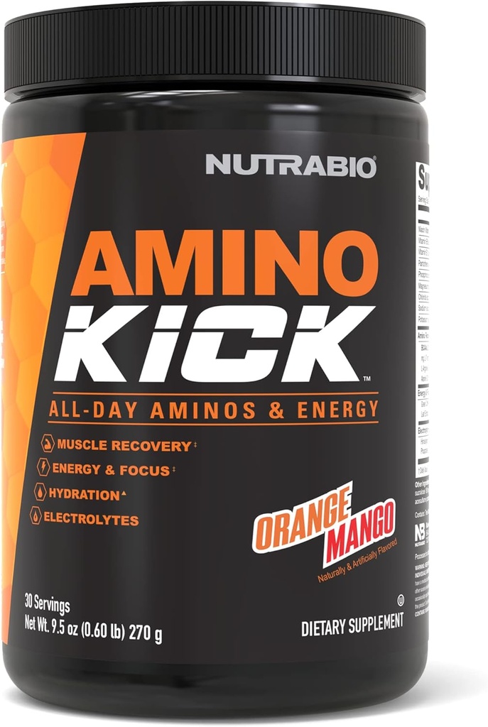 NutraBio Amino Kick - 자연 카페인 BCAA 분말 - 에너지, 하이드로 션 및 복구를위한 아미노산 보충 - BCAAs, 전해질 및 아미노산 - 오렌지 망고, 30 서빙