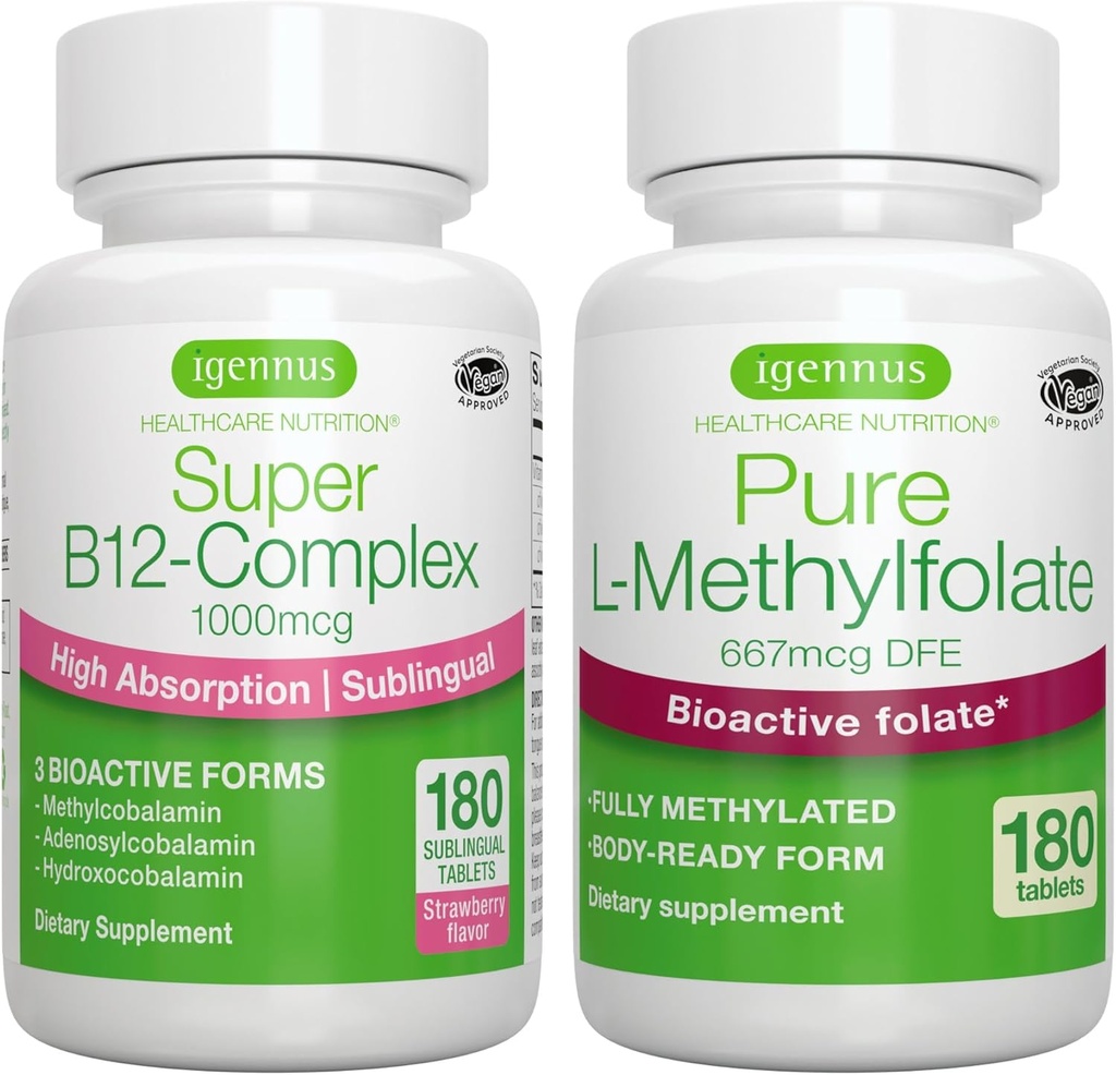 Super B12-Complex 1000mcg + 순수한 Folate 400mcg Vegan 번들, Methylcobalamin, Adenosylcobalamin & Hydroxocobalamin + Igennus에 의하여 높은 흡수 이하 언어 비타민 B12