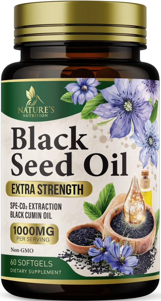 Black Seed Oil Softgels 1000mg - 프리미엄 Nigella Sativa Blackseed, 순수한 자연 블랙 Cumin Seed Oil & Antioxidant for Skin & Immune Support - 미국 보충 - 60 Softgels
