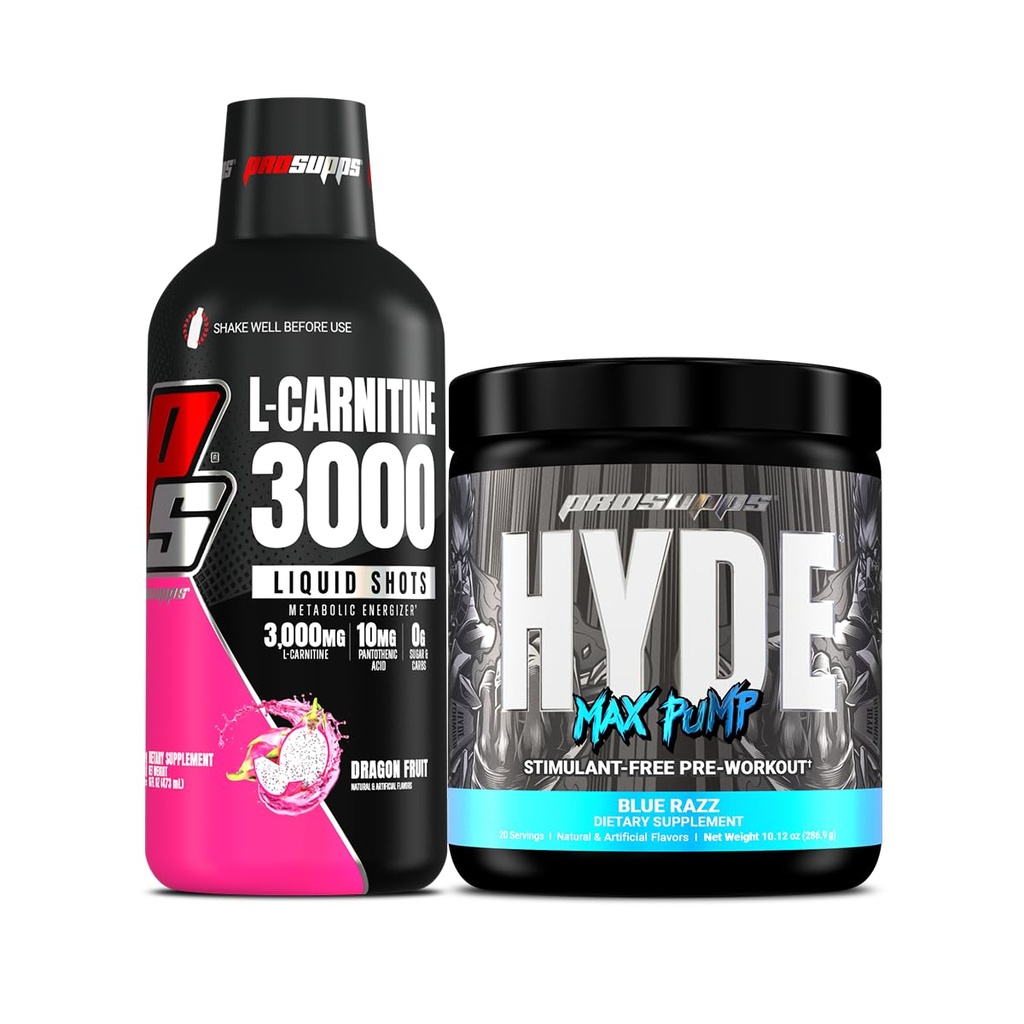 PROSUPPS L-Carnitine 3000 자극제 무료 액체 탄 (31 서빙, 드래곤 과일) 및 Hyde Max Pump Pre Workout for Men and Women (20 서빙, 블루 레이즈) 번들