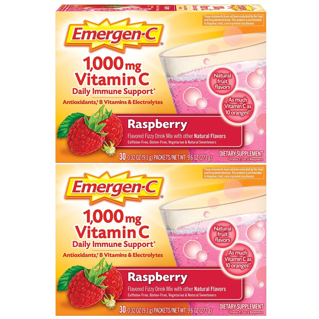 Emergen-C 1000mg 비타민 C 분말, 항 산화제, B 비타민 및 전해질, 면역 지원을위한 비타민 C 보충제, 카페인 무료 음료 혼합, 라즈베리 맛 - 60 카운트 / 2 개월 공급