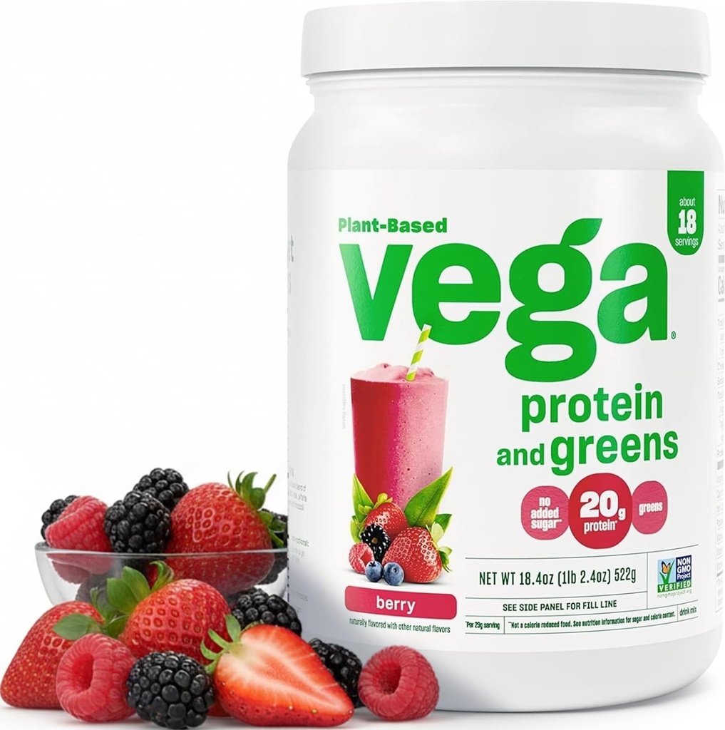 Vega Protein 및 Greens Protein Powder, Berry - 20g Plant 기반 Protein Plus Veggies, Vegan, Non GMO, 여성 및 남성용 완두 단백질, 1.2 파운드 (패키지 May Vary)