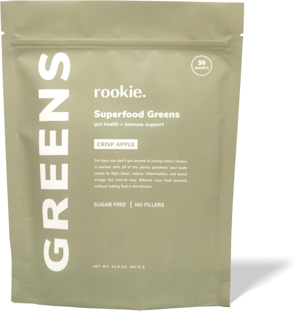 Rookie Wellness Greens + Superfoods - Greens Superfoods Powder 음료 전체 식품 소스 성분 포함 비타민, Probiotics, 산화 방지제 및 Baobab 섬유 (30 서빙, Crisp Apple)