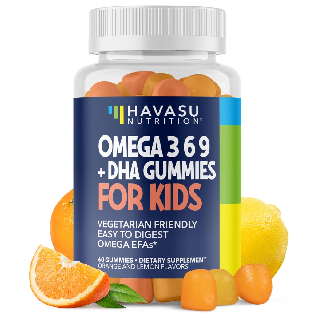 오메가 3 6 9 + DHA Gummies for Kids - 채식주의, DHA와 EPA와 어린이 2 +를 가진 식물 기반 물고기 기름 몸과 두뇌 발달을 지원하기 위해 - 물고기 맛 없음 - 레몬과 오렌지 맛 - 60 조사