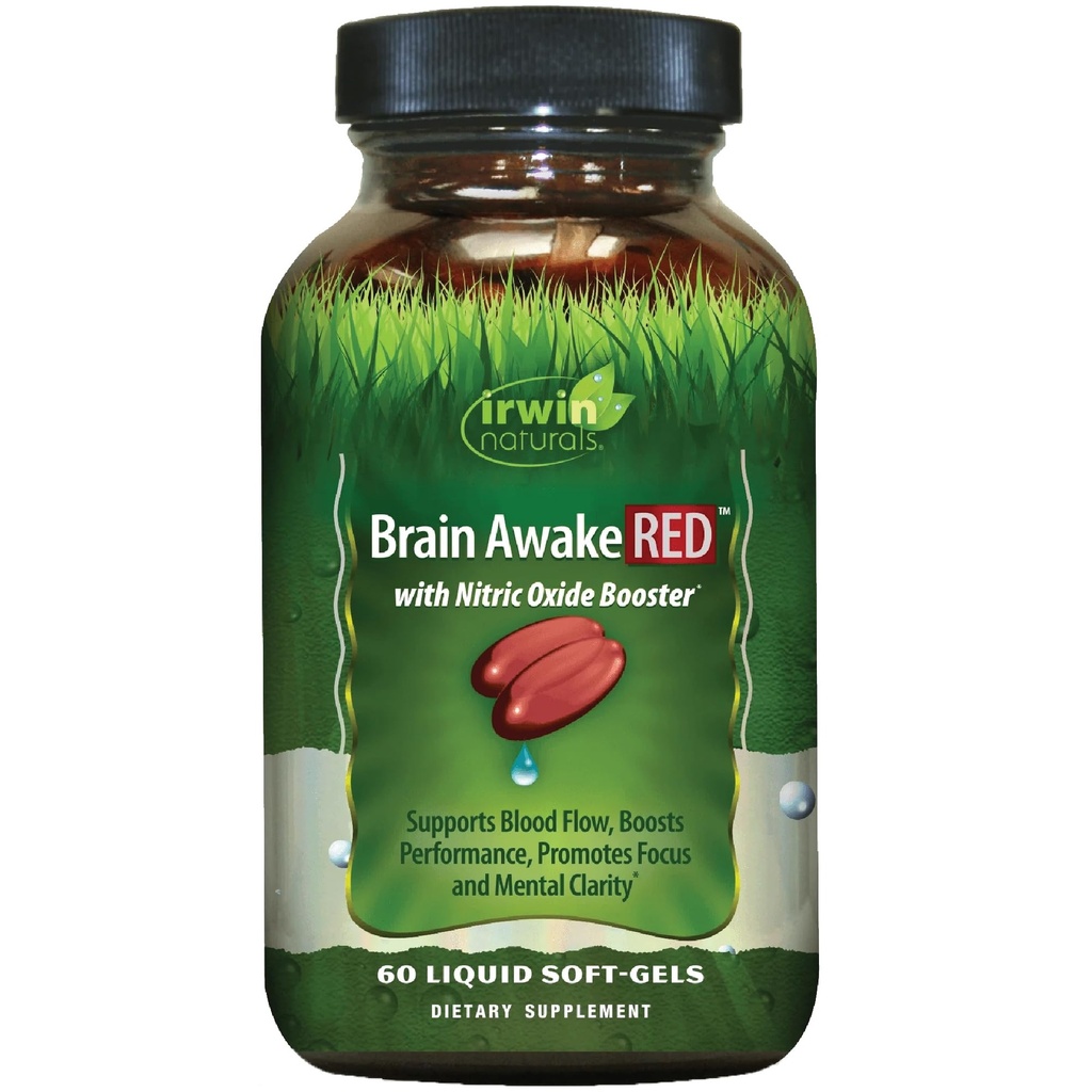 Irwin Naturals Brain Awake RED with Nitric Oxide Booster - 60 Liquid Soft-Gel - 지원 뇌 건강 및 최적화 성능 - 20 Total 서빙