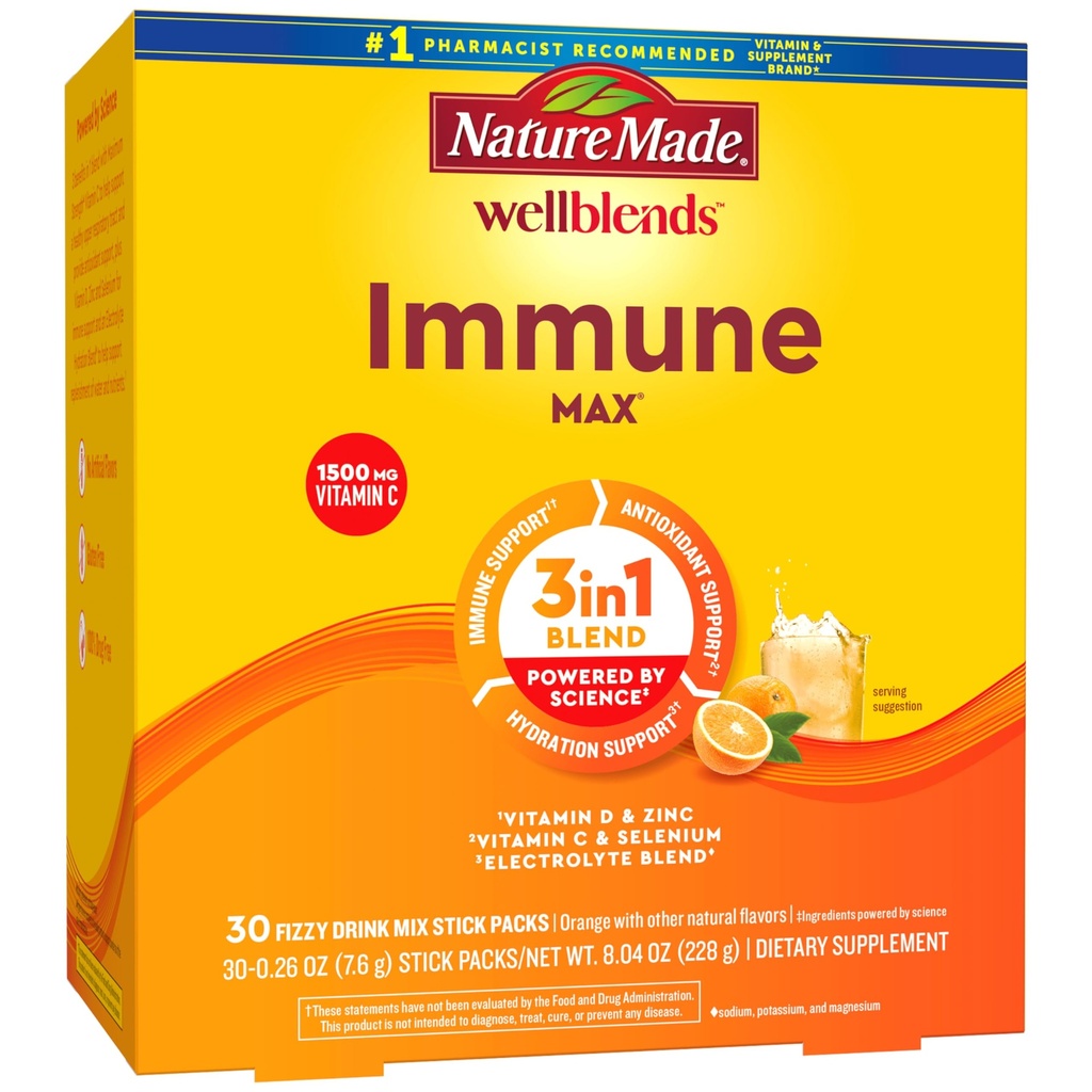 Nature Made Wellblends ImmuneMAX Fizzy 음료 혼합, 비타민 C 1500mg, 아연 15 mg, 비타민 D3 1000 IU (25 mcg), B 비타민 및 전해질 Hydration 혼합, 30 스틱 팩