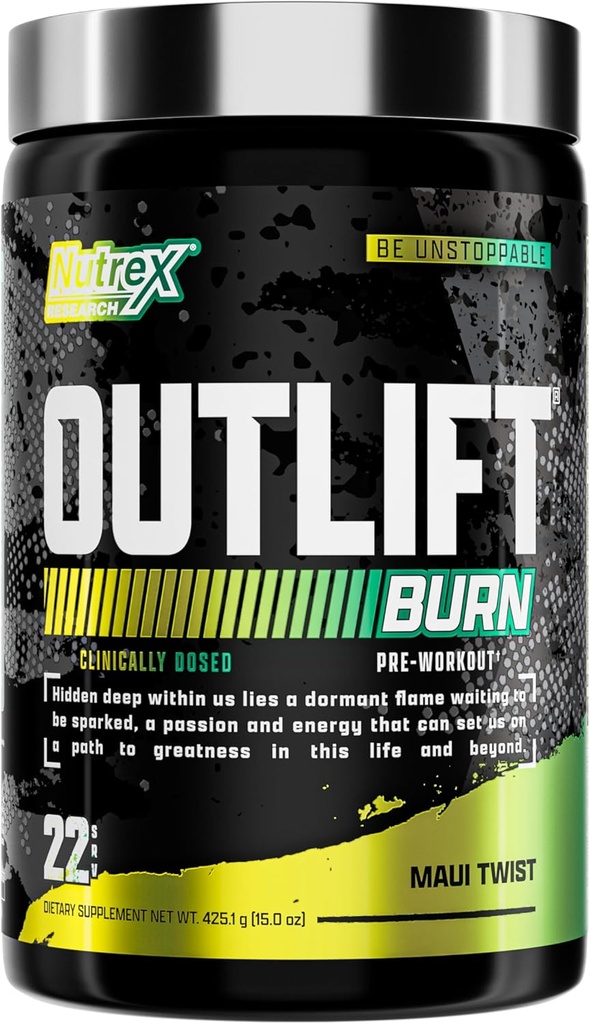 Nutrex Outlift Burn Pre-Workout Supplement for Energy, Focus & Endurance | Metabolyte, L-Citrulline, Beta-Alanine & Caffeine | 성능에 대한 Thermogenic 공식 (22 서빙, Maui Twist)