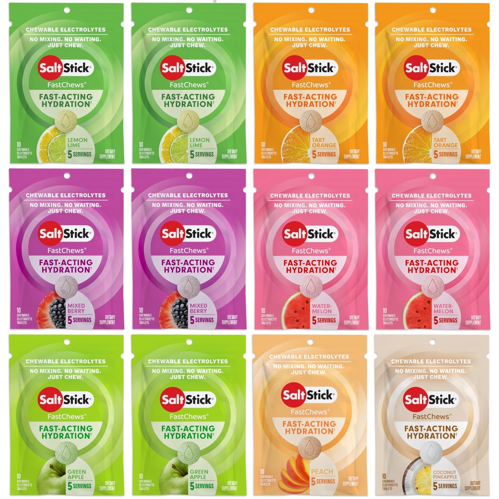 SaltStick Electrolyte FastChews - 120 개 다양성 팩 - Hydration, Salt Tabs 용 Chewable Electrolyte 태블릿 - 10 개 (팩 12)