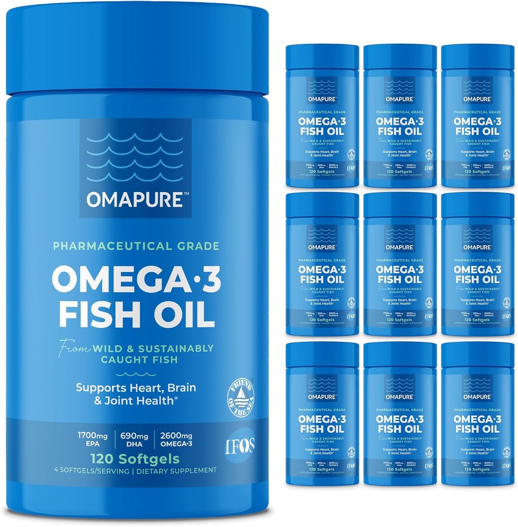 OMAPURE 야생 잡은 오메가-3 보충 교재 높은 EPA & DHA (10 병, 120 Softgels) - Burpless 공식 지원 심장 & 합동 건강은, 뇌 기능을 승진시킵니다