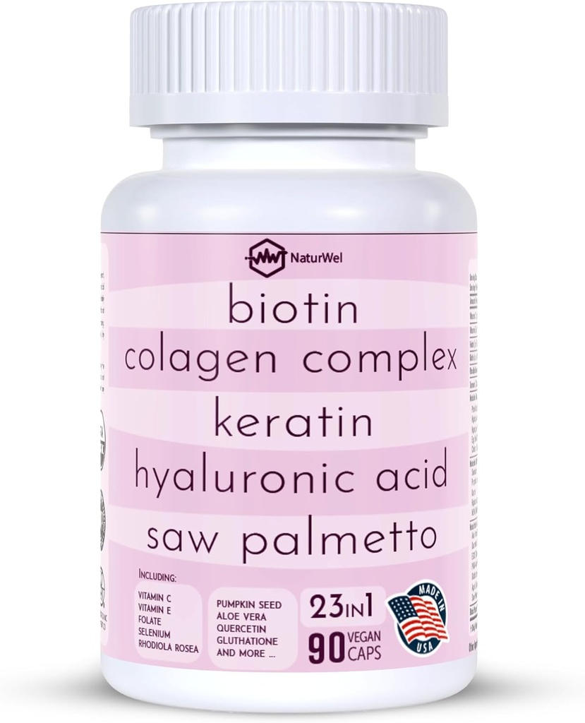 교원질 1000mg Rhodiola Rosea 2500mg Biotin 10,000mcg, Hyaluronic 산, DHT 차단제, 비타민 C & E, Folic 산, 알로에 Vera, Quercetin, 녹차, Keratin, MSM - 90 조사 (90의 조사 1))
