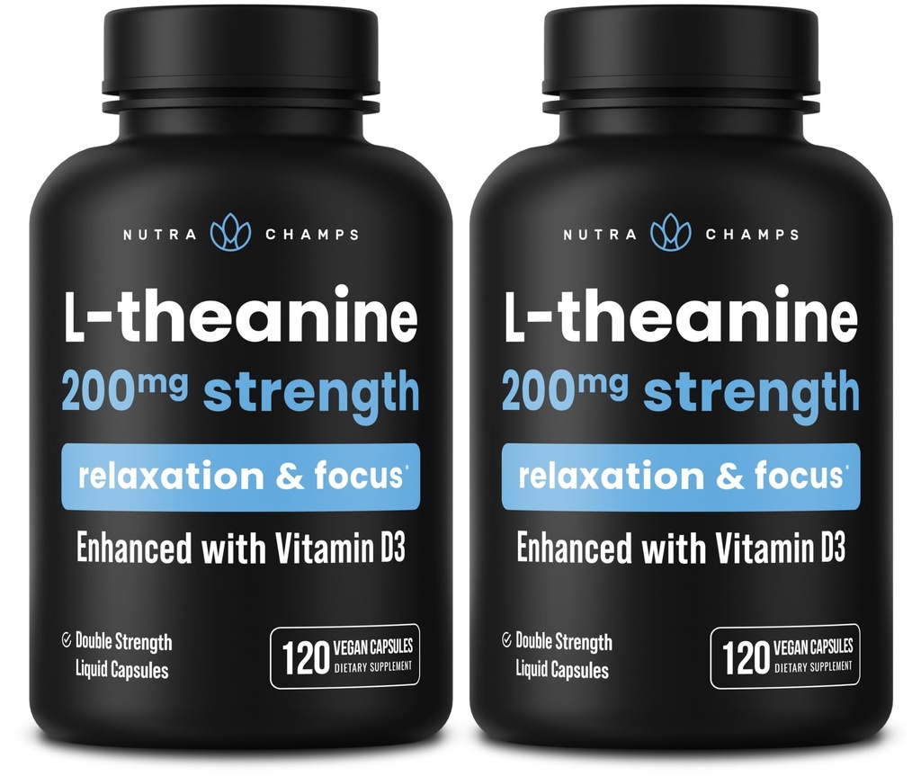 NutraChamps L-Theanine 200mg 캡슐, 비타민 D3, 유기 코코넛 오일, 120 Vegan 캡슐 (포장 2)를 가진 두 배 Strength L-Theanine 액체