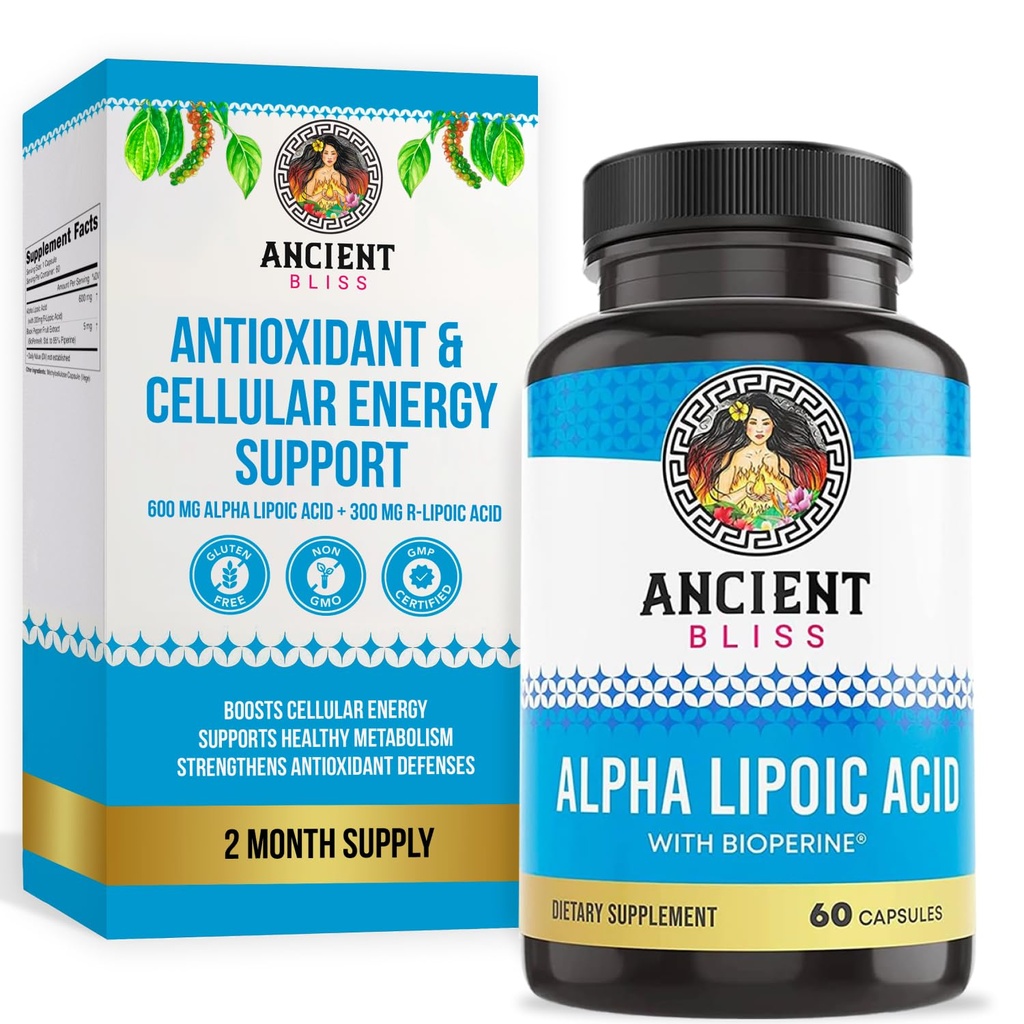 고대 블리스 알파 Lipoic 산 보충교재, 산화 방지제 및 에너지 지원, Bioperine를 가진 ALA 보충교재, 글루텐 없음 및 콩, 서빙 당 600mg, 60 Vegan 캡슐