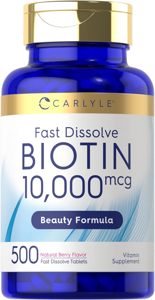 Carlyle Biotin 10,000mcg | 500 빠른 용해 정제 | 모발, 피부, 손톱 | 최대 강도 | 채식주의, 비 GMO, 글루텐 무료 보충
