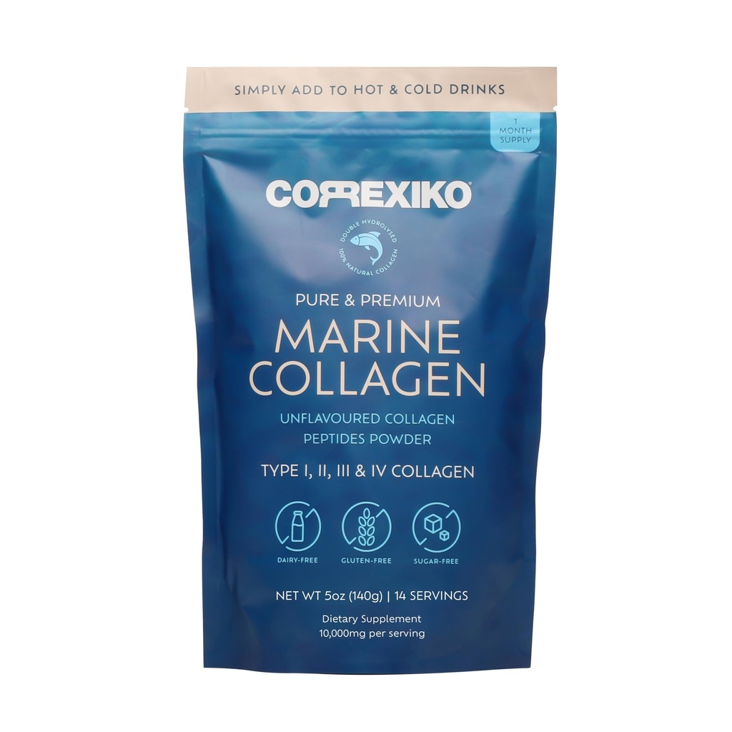 CORREXIKO Marine Collagen Powder 보충 - 10,000mg 이중 가수 분해 콜라겐 펩타이드 - 최대 흡수를위한 공식화 - 헤어, 피부 및 손톱 - 5oz, 14 서빙