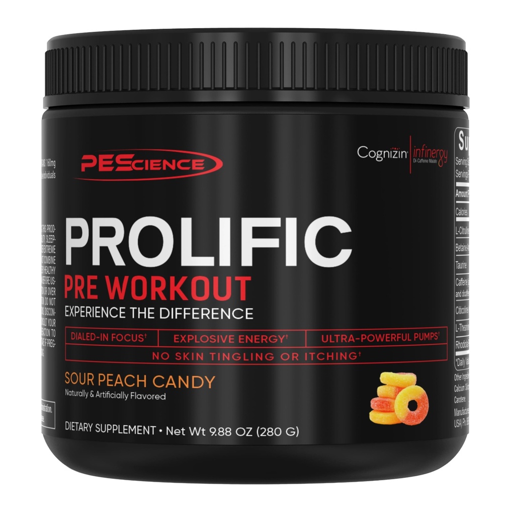 PEScience Prolific Pre Workout Powder for Men & Women with L-Citrulline Nitric 산화물 부스터, 에너지 분말 및 초점을위한 Nootropic - Beta Alanine없이 Preworkout - 40 Scoops, Sour Peach Candy