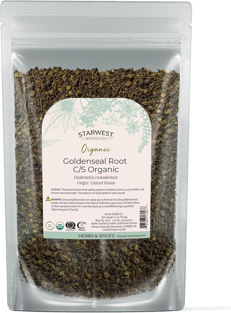 Starwest Botanicals 유기 Goldenseal 뿌리 - 차, 초본 혼합, & 요리, 순수한 & 자연적인 Hydrastis Canadensis, 커트 & Sifted, 증명된 Kosher, 비 GMO - 4개 oz 주머니를 위한 건조된 느슨한 잎 허브